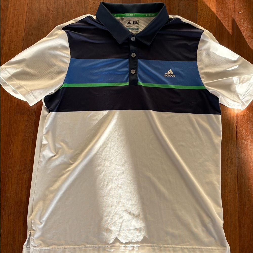 Adidas White and Black Polo Shirt with Color-Blocking Design